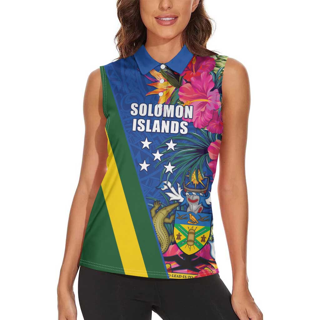 Solomon Islands Independence Day Women Sleeveless Polo Shirt Coat Of Arms With Tropical Flowers LT05 - Polynesian Pride