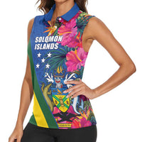 Solomon Islands Independence Day Women Sleeveless Polo Shirt Coat Of Arms With Tropical Flowers LT05 - Polynesian Pride