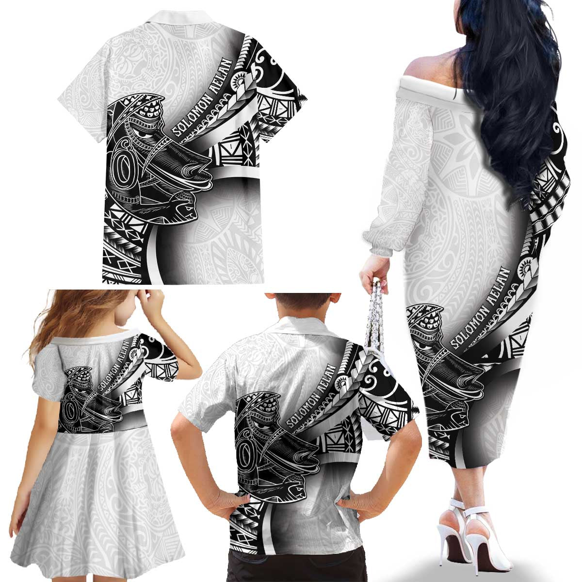 Solomon Islands Nguzunguzu Family Matching Off The Shoulder Long Sleeve Dress and Hawaiian Shirt Polynesian Tribal Pattern LT05 - Polynesian Pride