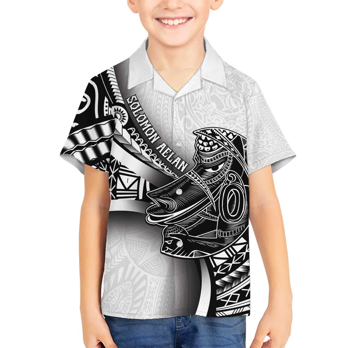 Solomon Islands Nguzunguzu Family Matching Off The Shoulder Long Sleeve Dress and Hawaiian Shirt Polynesian Tribal Pattern LT05 Son's Shirt White - Polynesian Pride