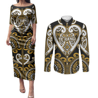 Custom Aotearoa Ngai Te Rangi Couples Matching Puletasi and Long Sleeve Button Shirt Maori Tribal Pattern LT05 Gold - Polynesian Pride