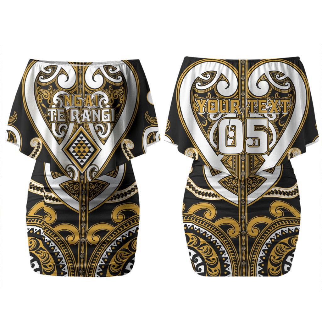 Custom Aotearoa Ngai Te Rangi Family Matching Off Shoulder Short Dress and Hawaiian Shirt Maori Tribal Pattern LT05 Mom's Dress Gold - Polynesian Pride