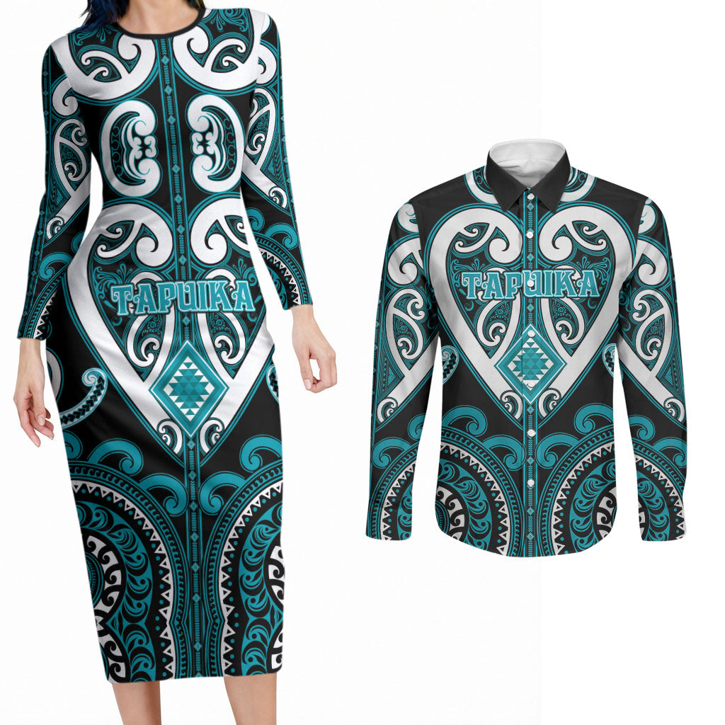 Custom Aotearoa Tapuika Couples Matching Long Sleeve Bodycon Dress and Long Sleeve Button Shirt Maori Tribal Pattern LT05 Teal - Polynesian Pride