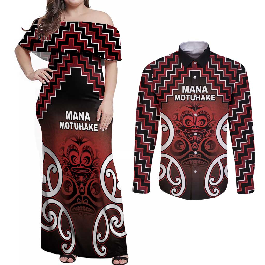 Personalised Aotearoa Mana Motuhake Couples Matching Off Shoulder Maxi Dress and Long Sleeve Button Shirt Poutama With Maori Pattern - Polynesian Pride