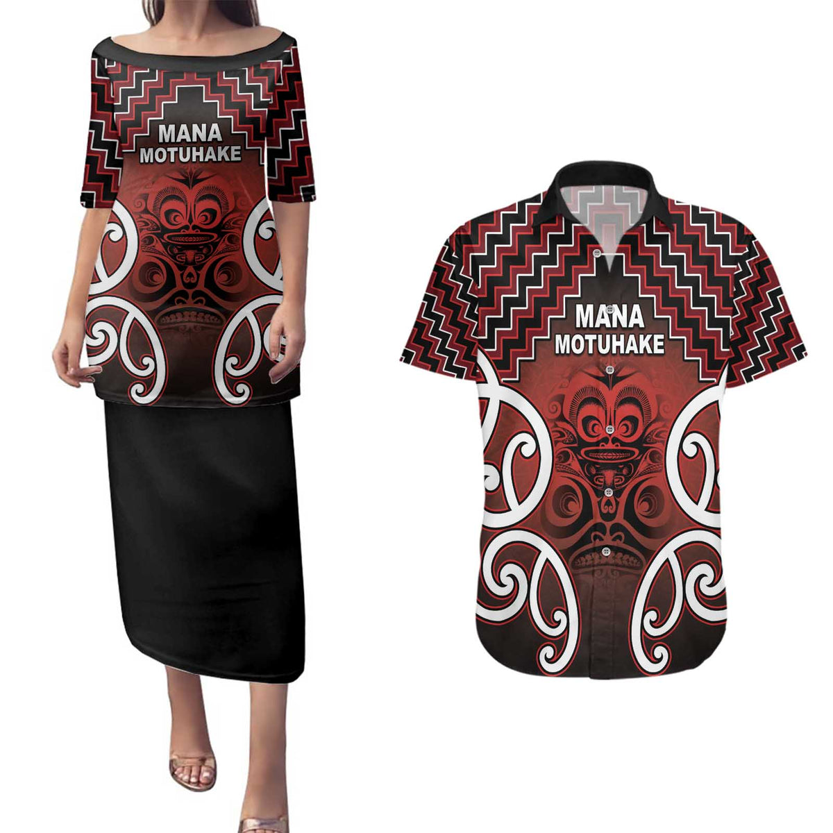 Personalised Aotearoa Mana Motuhake Couples Matching Puletasi and Hawaiian Shirt Poutama With Maori Pattern - Polynesian Pride