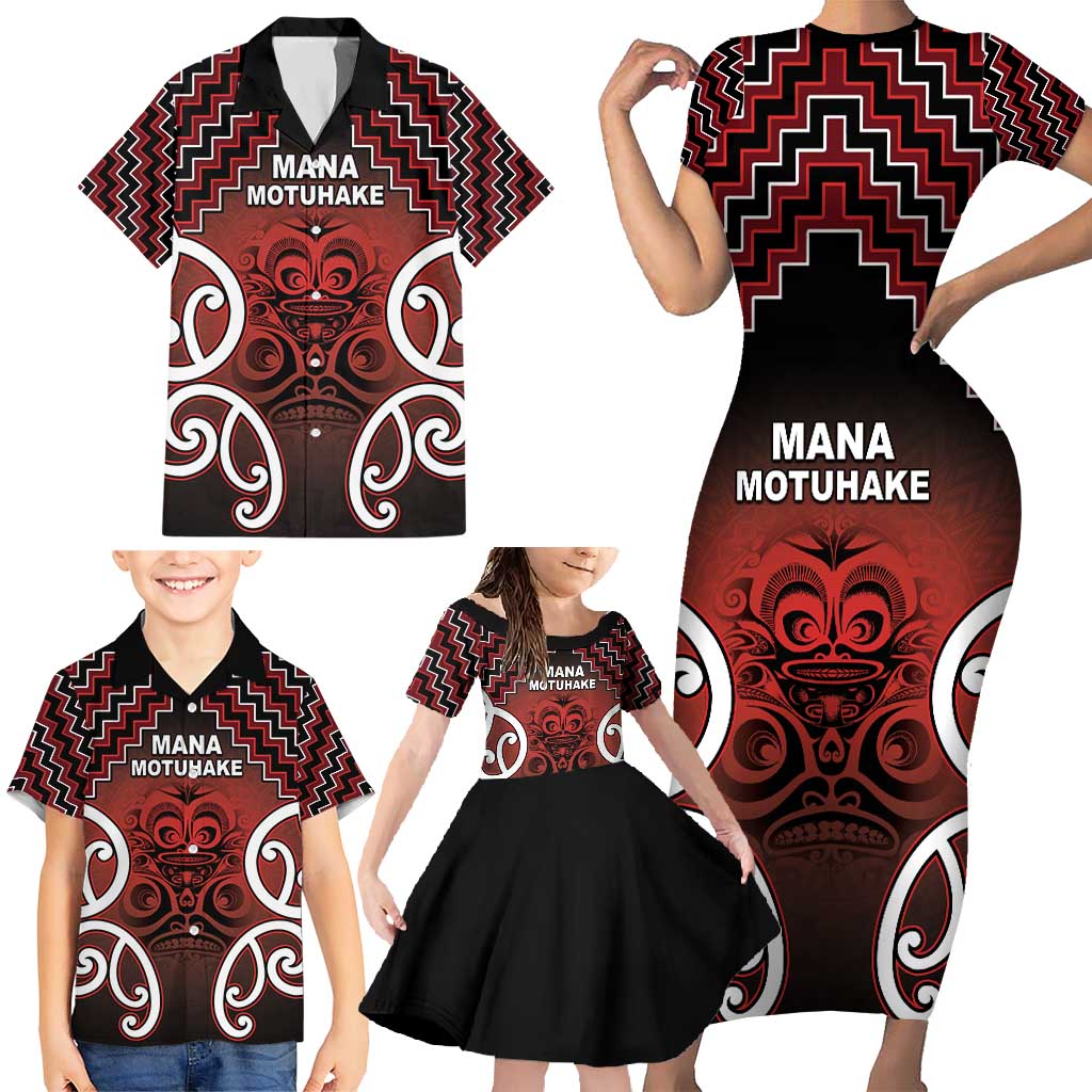 Personalised Aotearoa Mana Motuhake Family Matching Short Sleeve Bodycon Dress and Hawaiian Shirt Poutama With Maori Pattern LT05 - Polynesian Pride