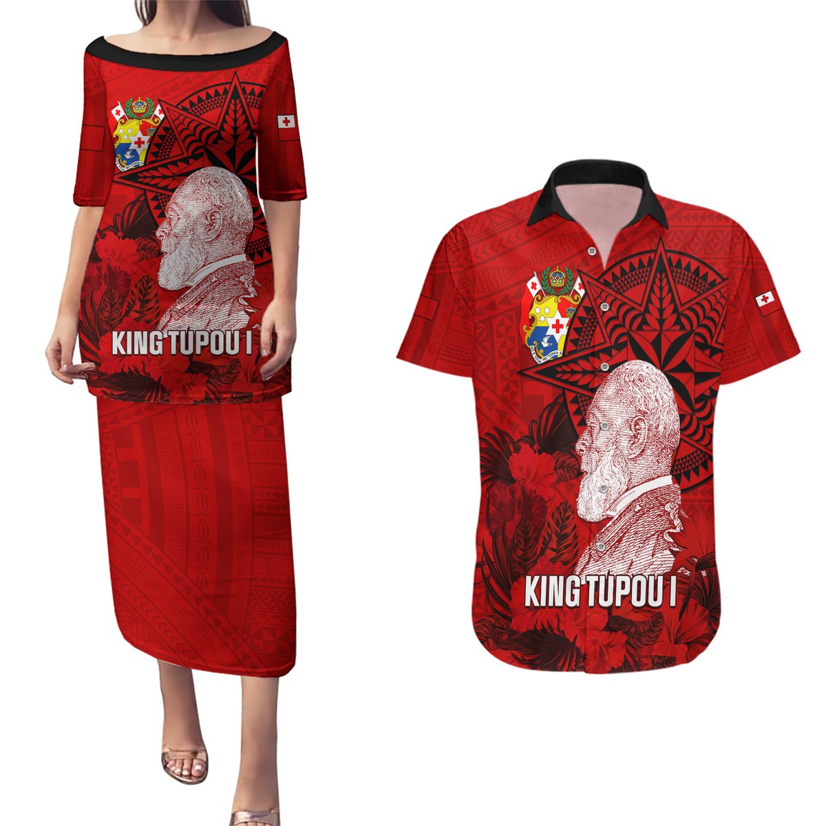 tonga-king-tupou-i-day-couples-matching-puletasi-dress-and-hawaiian-shirt-tropical-flowers-with-ngatu-pattern