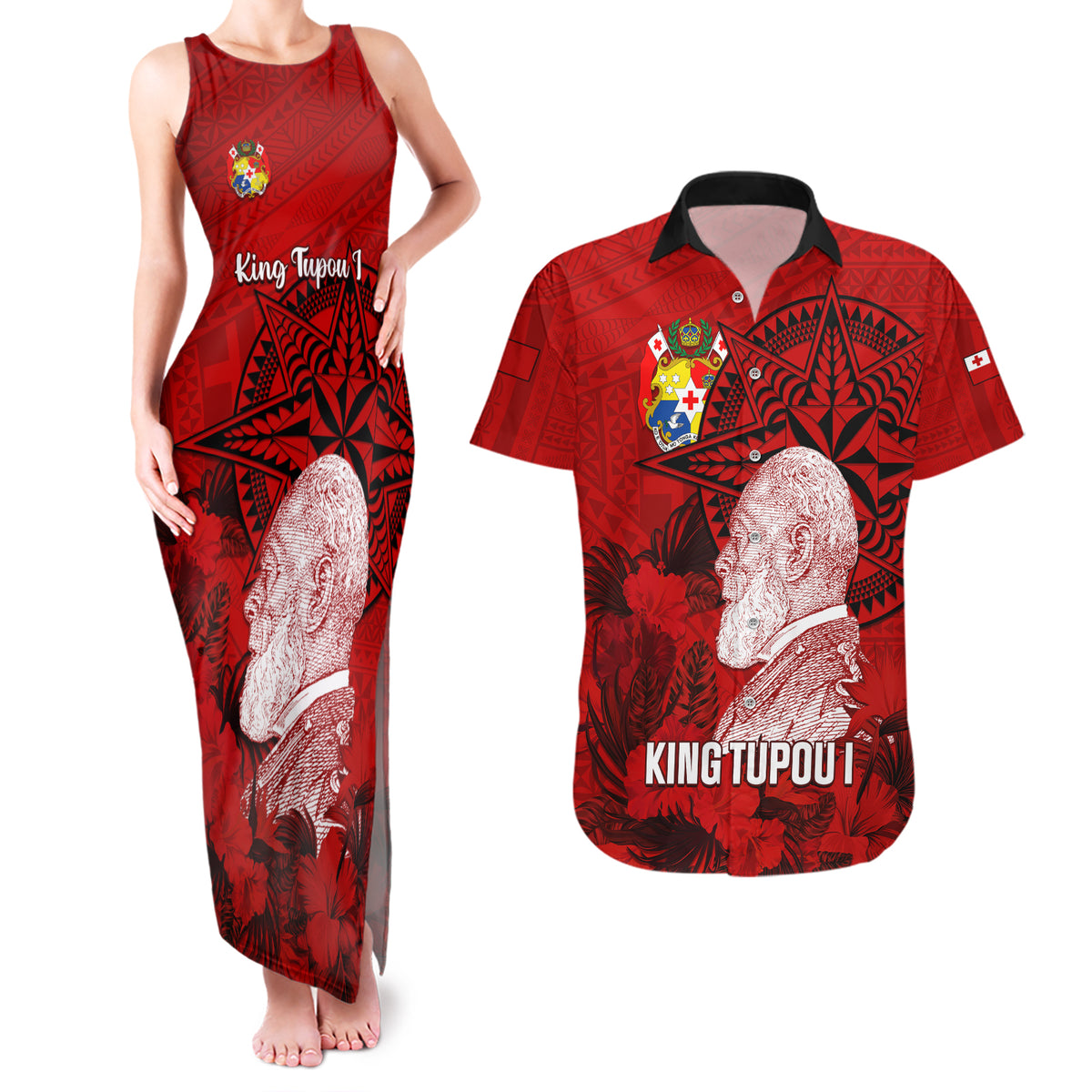 tonga-king-tupou-i-day-couples-matching-tank-maxi-dress-and-hawaiian-shirt-tropical-flowers-with-ngatu-pattern