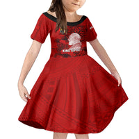 Tonga King Tupou I Day Family Matching Off Shoulder Long Sleeve Dress and Hawaiian Shirt Tropical Flowers With Ngatu Pattern LT05 Daughter's Dress Red - Polynesian Pride