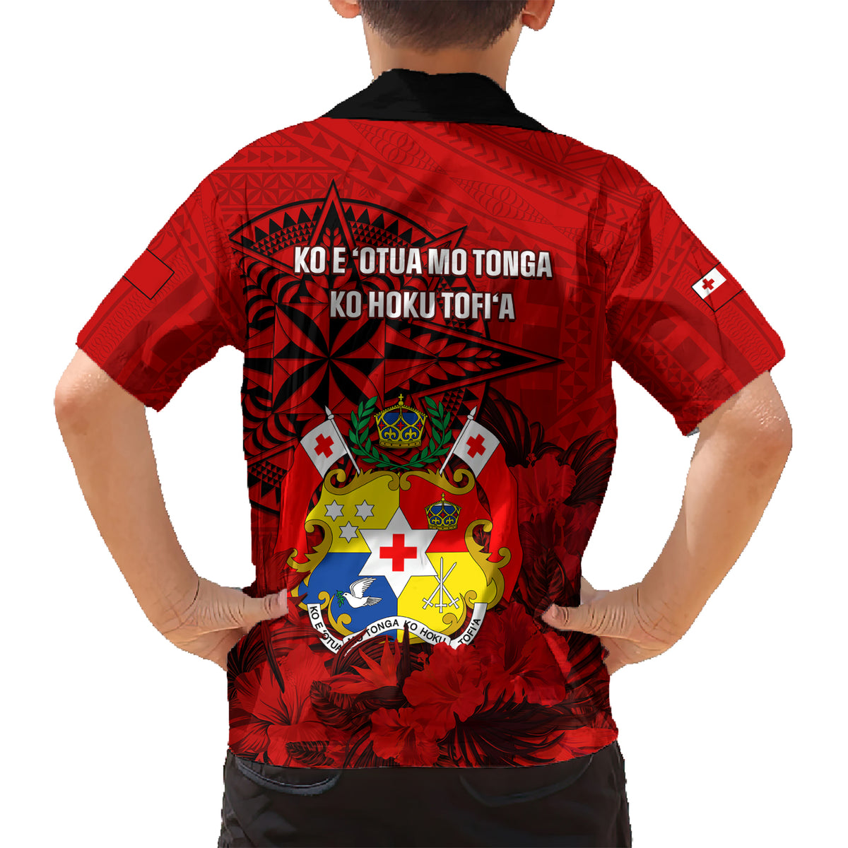 tonga-king-tupou-i-day-kid-hawaiian-shirt-tropical-flowers-with-ngatu-pattern