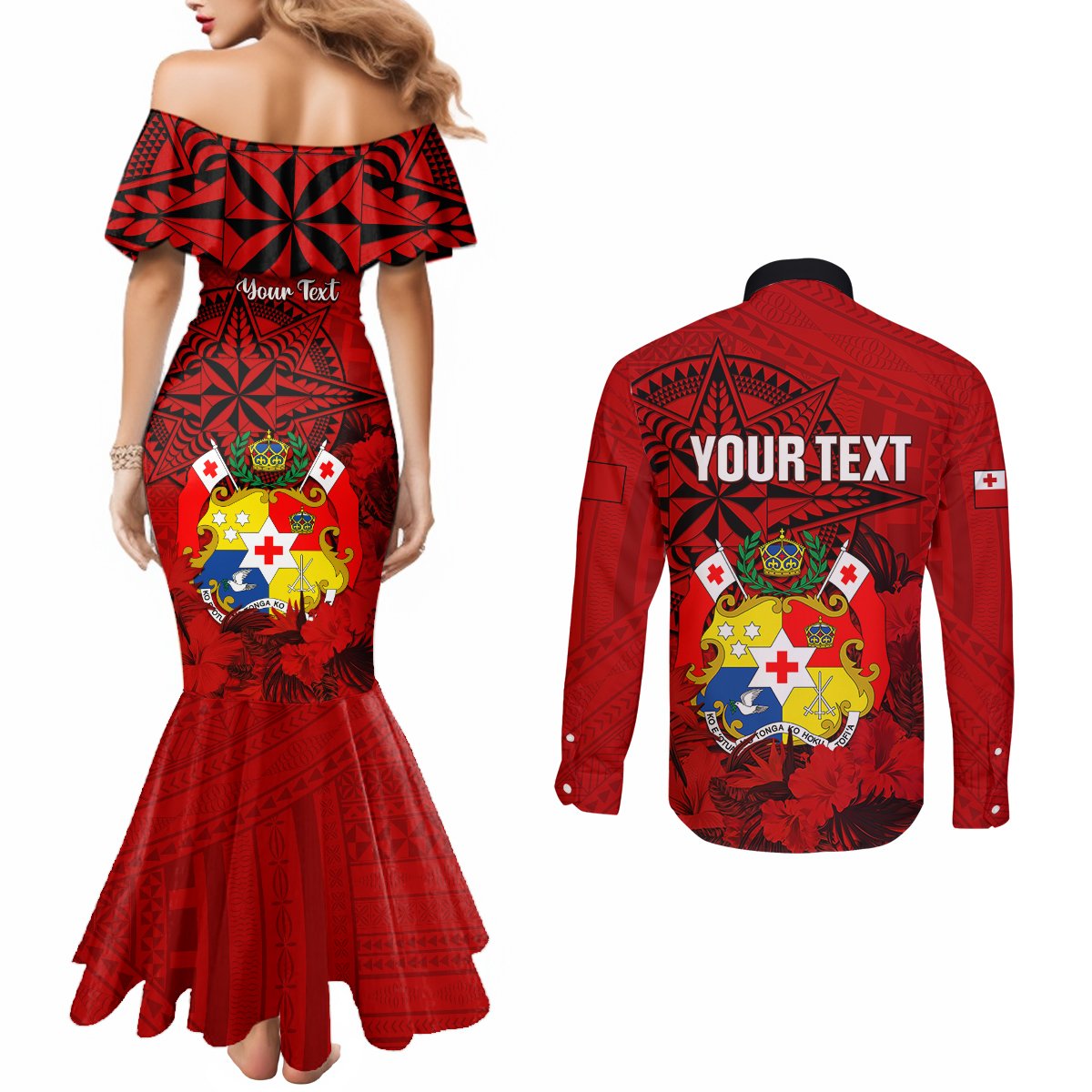 personalized-tonga-king-tupou-i-day-couples-matching-mermaid-dress-and-long-sleeve-button-shirts-tropical-flowers-with-ngatu-pattern