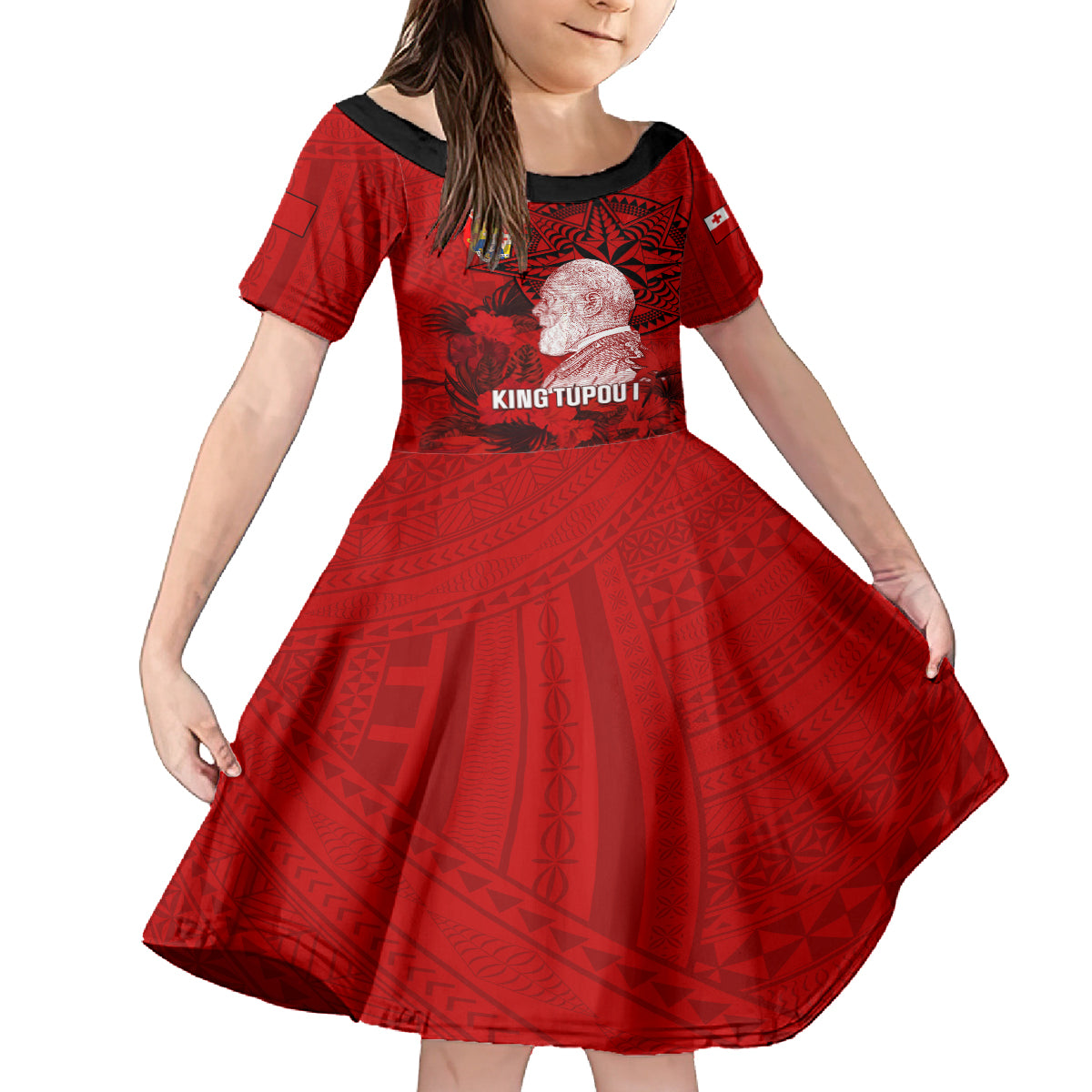 Personalized Tonga King Tupou I Day Family Matching Off Shoulder Short Dress and Hawaiian Shirt Tropical Flowers With Ngatu Pattern LT05 Daughter's Dress Red - Polynesian Pride