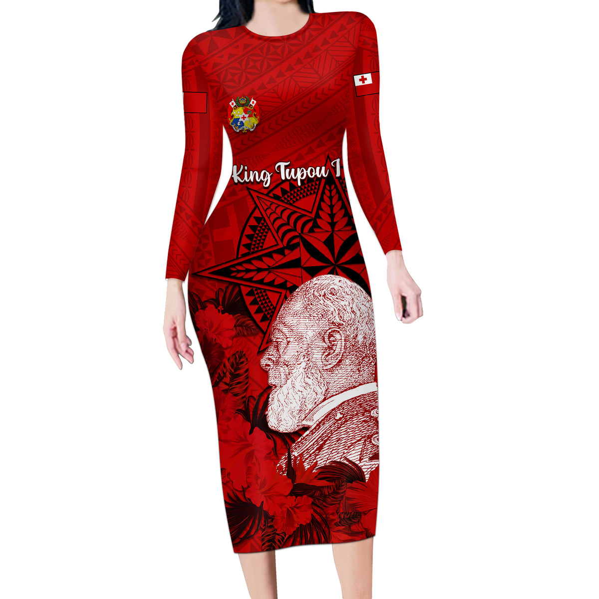 Personalized Tonga King Tupou I Day Long Sleeve Bodycon Dress Tropical Flowers With Ngatu Pattern LT05 Long Dress Red - Polynesian Pride