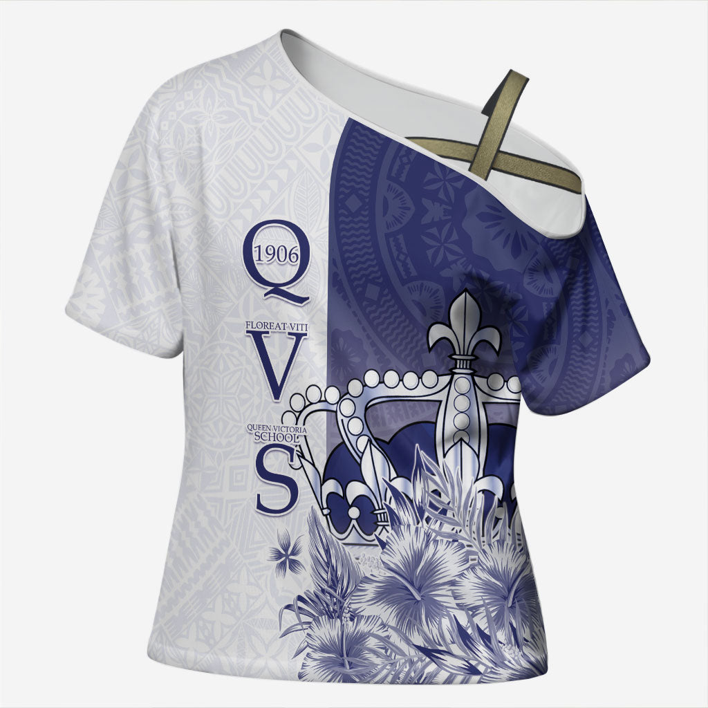 Personalised Fiji Queen Victoria School 1906 Cross Shoulder Shirt Floreat Viti LT05 Female Navy - Polynesian Pride