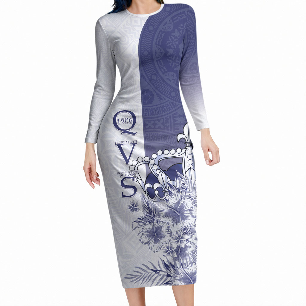Personalised Fiji Queen Victoria School 1906 Long Sleeve Bodycon Dress Floreat Viti LT05 Long Dress Navy - Polynesian Pride