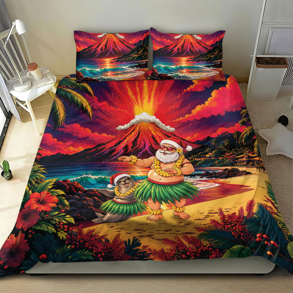 Hawaii Volcano Christmas Bedding Set Hula Santa And Monk Seal LT05 - Polynesian Pride