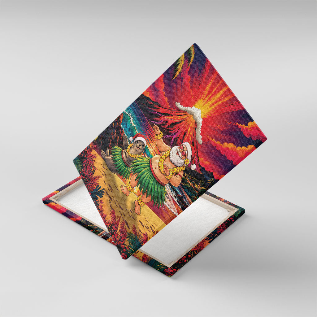 Hawaii Volcano Christmas Canvas Wall Art Hula Santa And Monk Seal LT05 With Frame Multicolor - Polynesian Pride