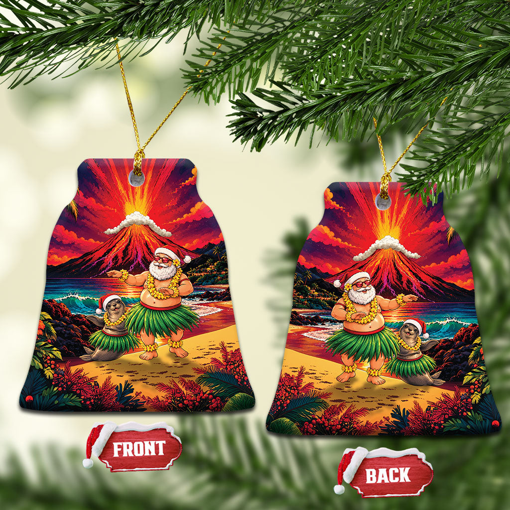 Hawaii Volcano Christmas Ceramic Ornament Hula Santa And Monk Seal LT05 Bell Flake Multicolor - Polynesian Pride