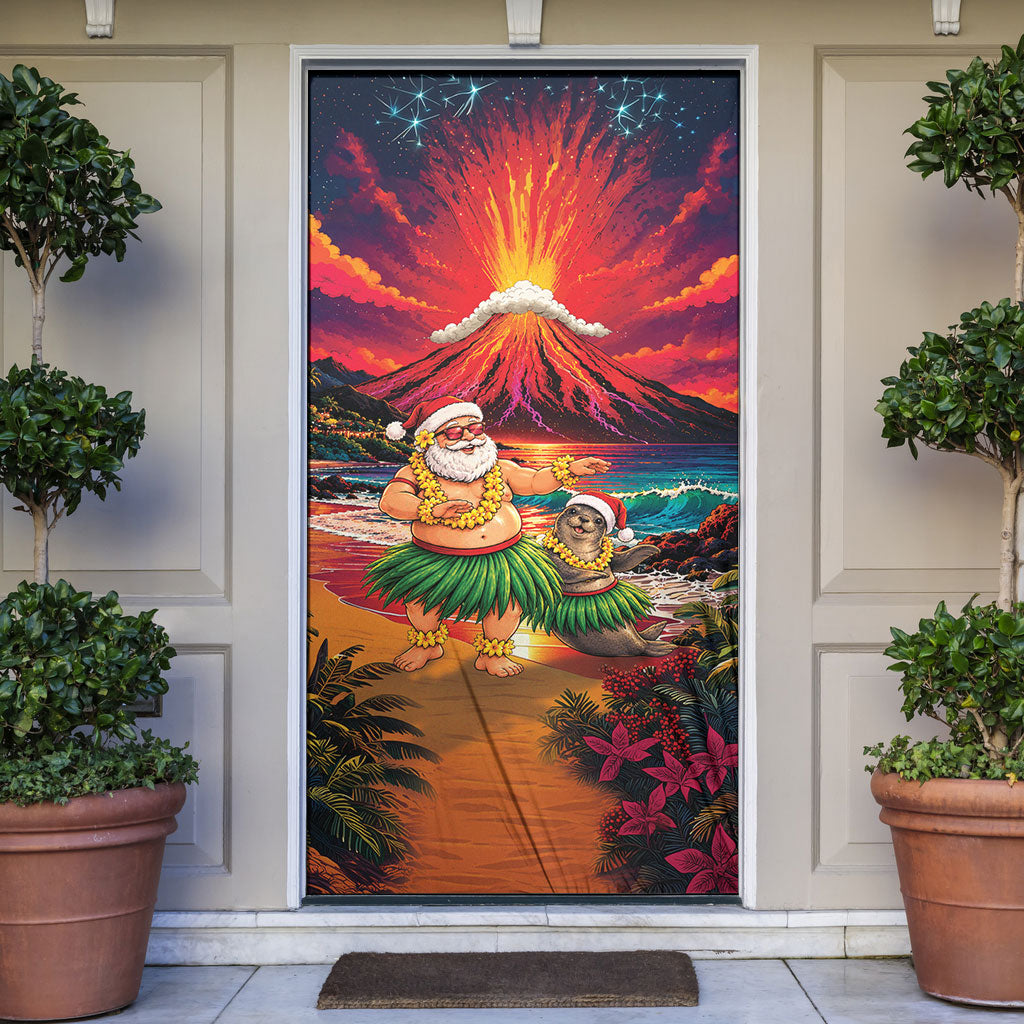 Hawaii Volcano Christmas Door Cover Hula Santa And Monk Seal LT05 Multicolor - Polynesian Pride