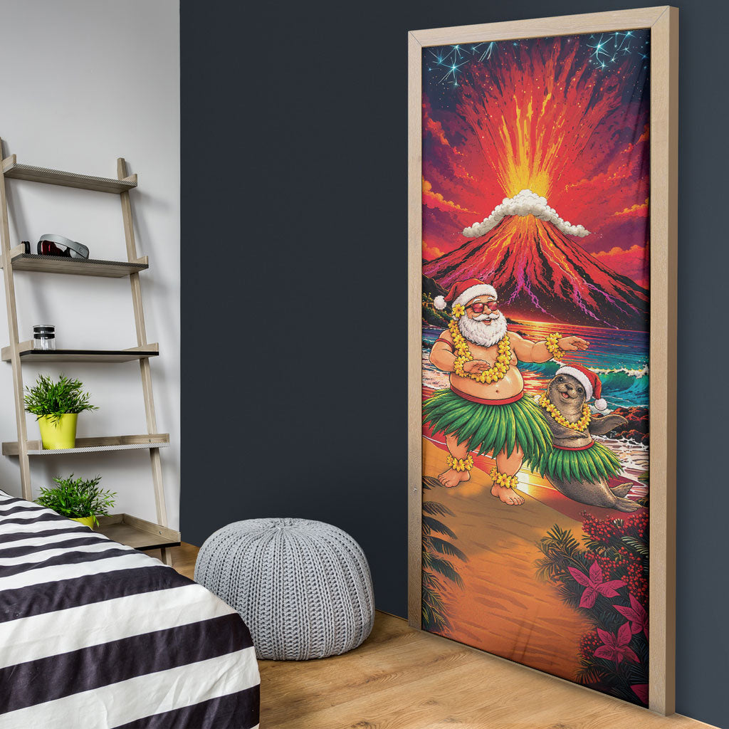 Hawaii Volcano Christmas Door Cover Hula Santa And Monk Seal LT05 - Polynesian Pride