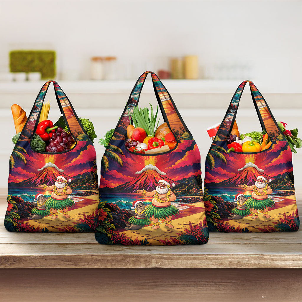 Hawaii Volcano Christmas Grocery Bag Hula Santa And Monk Seal LT05 3-pack One Size Multicolor - Polynesian Pride