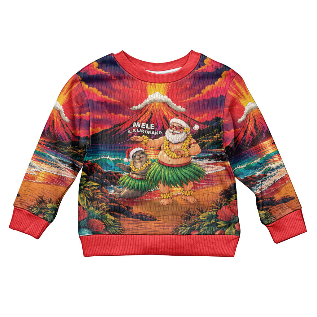 Hawaii Volcano Christmas Kid Ugly Christmas Sweater Hula Santa And Monk Seal LT05 Kid Multicolor - Polynesian Pride