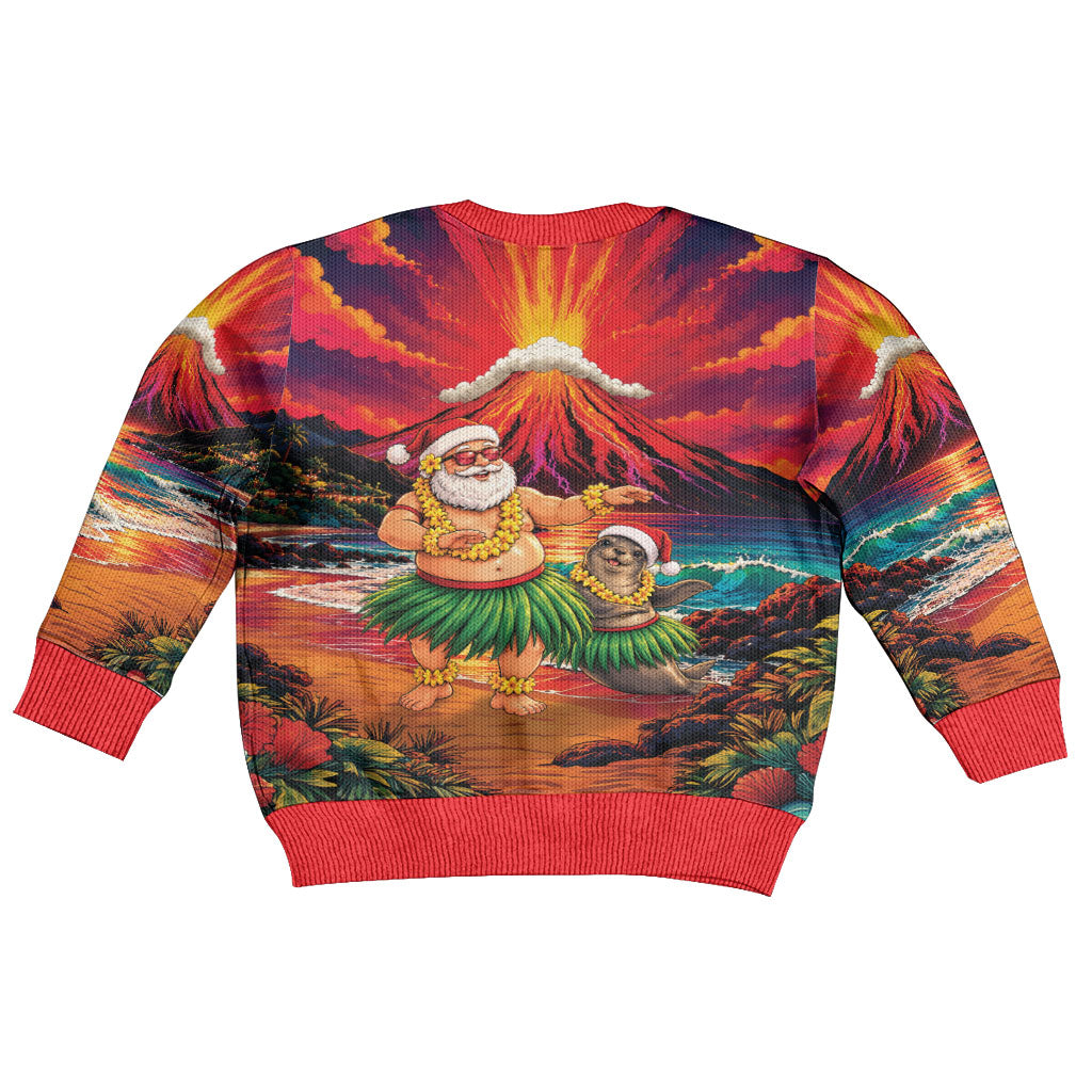 Hawaii Volcano Christmas Kid Ugly Christmas Sweater Hula Santa And Monk Seal LT05 - Polynesian Pride