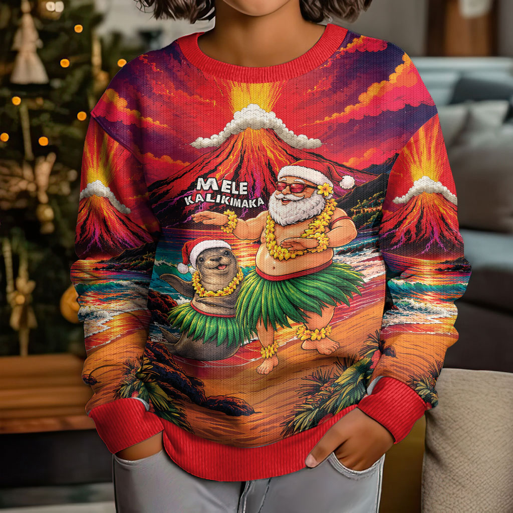 Hawaii Volcano Christmas Kid Ugly Christmas Sweater Hula Santa And Monk Seal LT05 - Polynesian Pride