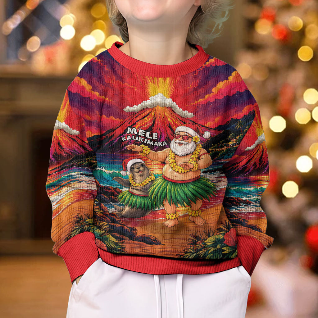 Hawaii Volcano Christmas Kid Ugly Christmas Sweater Hula Santa And Monk Seal LT05 - Polynesian Pride