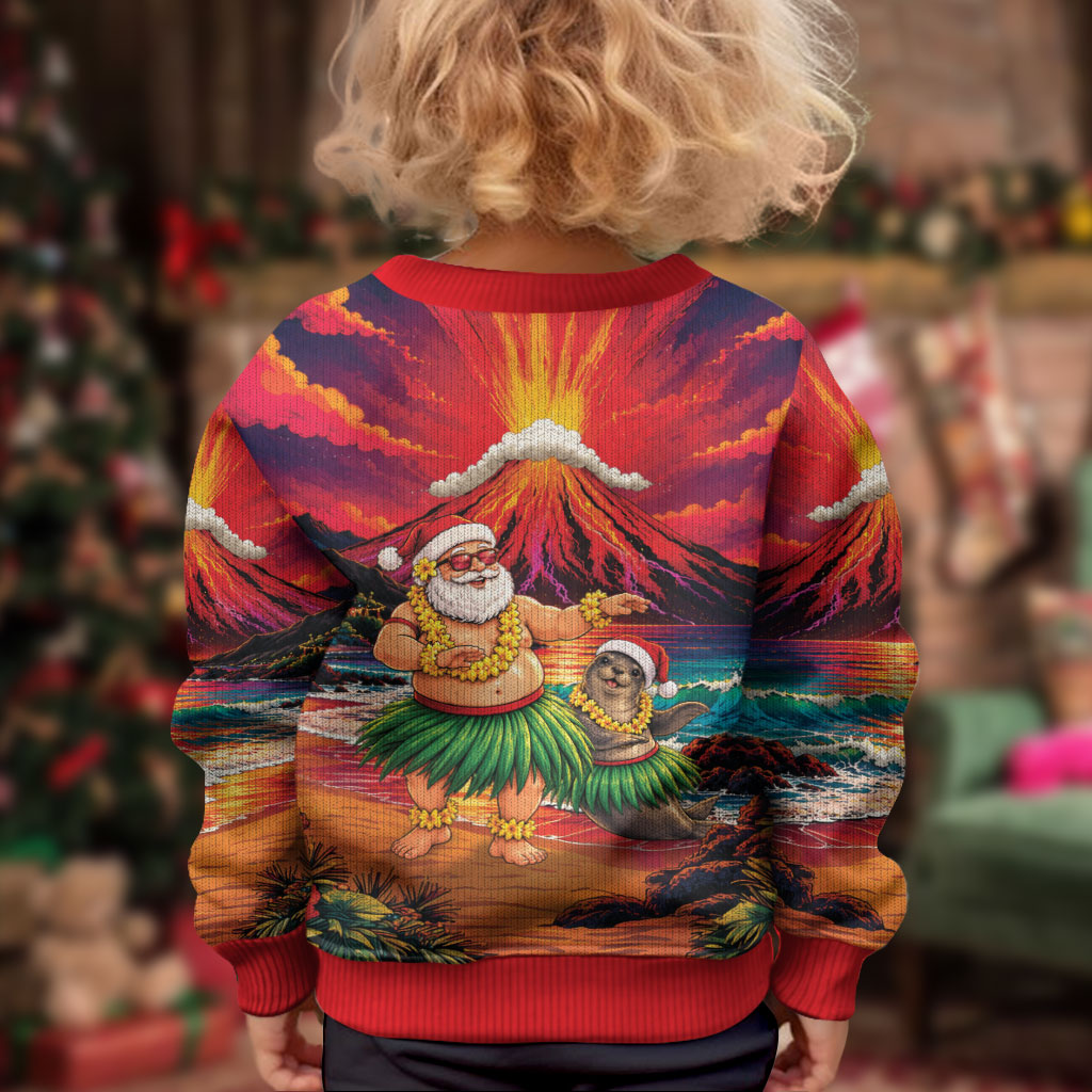 Hawaii Volcano Christmas Kid Ugly Christmas Sweater Hula Santa And Monk Seal LT05 - Polynesian Pride