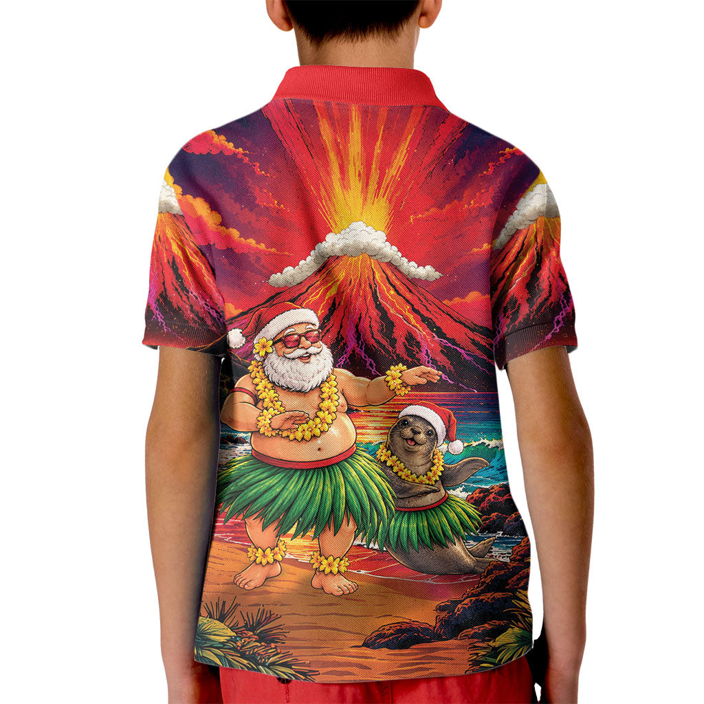 Hawaii Volcano Christmas Kid Polo Shirt Hula Santa And Monk Seal LT05 - Polynesian Pride