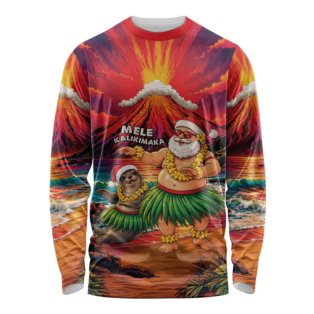 Hawaii Volcano Christmas Long Sleeve Shirt Hula Santa And Monk Seal LT05 Unisex Multicolor - Polynesian Pride