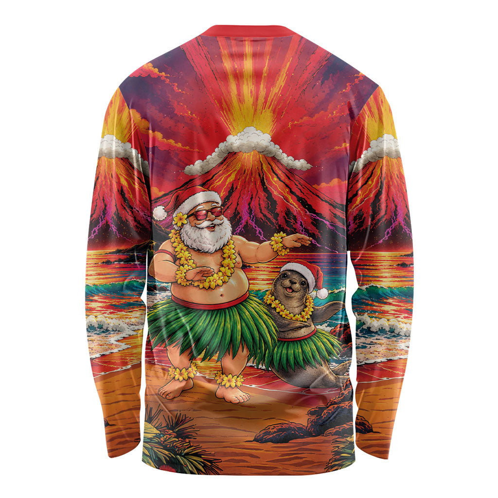 Hawaii Volcano Christmas Long Sleeve Shirt Hula Santa And Monk Seal LT05 - Polynesian Pride