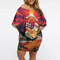 Hawaii Volcano Christmas Off Shoulder Short Dress Hula Santa And Monk Seal LT05 Women Multicolor - Polynesian Pride