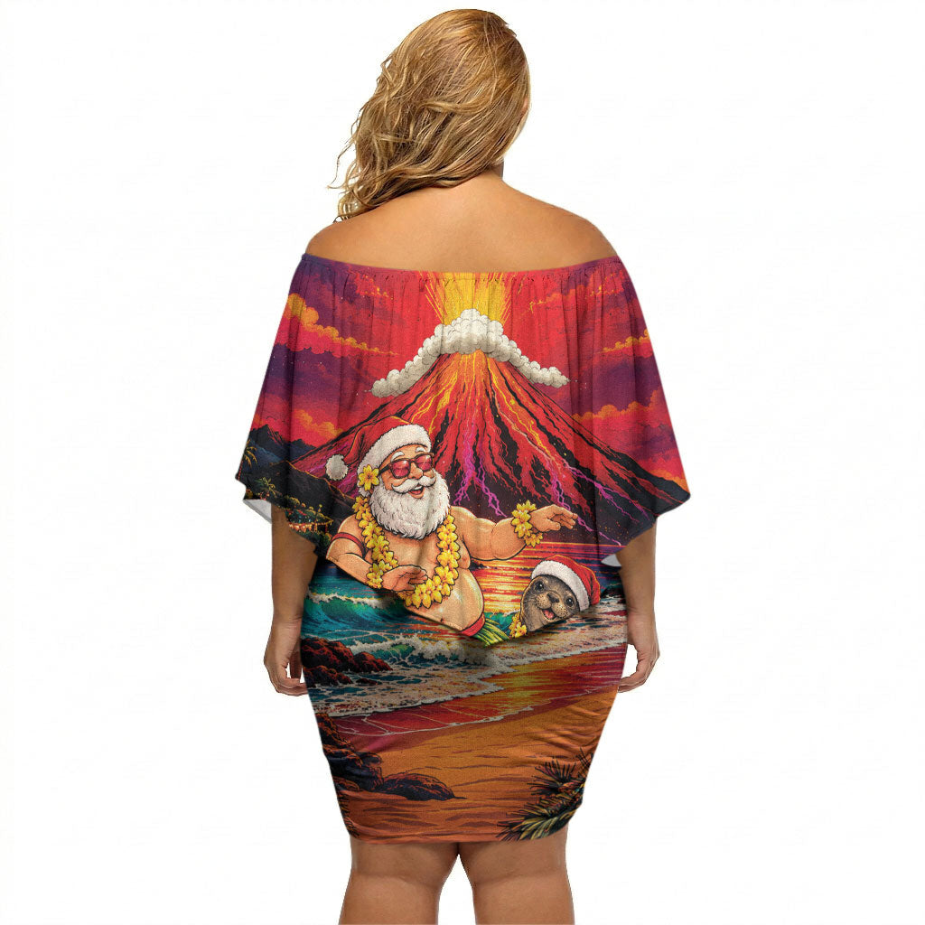 Hawaii Volcano Christmas Off Shoulder Short Dress Hula Santa And Monk Seal LT05 - Polynesian Pride