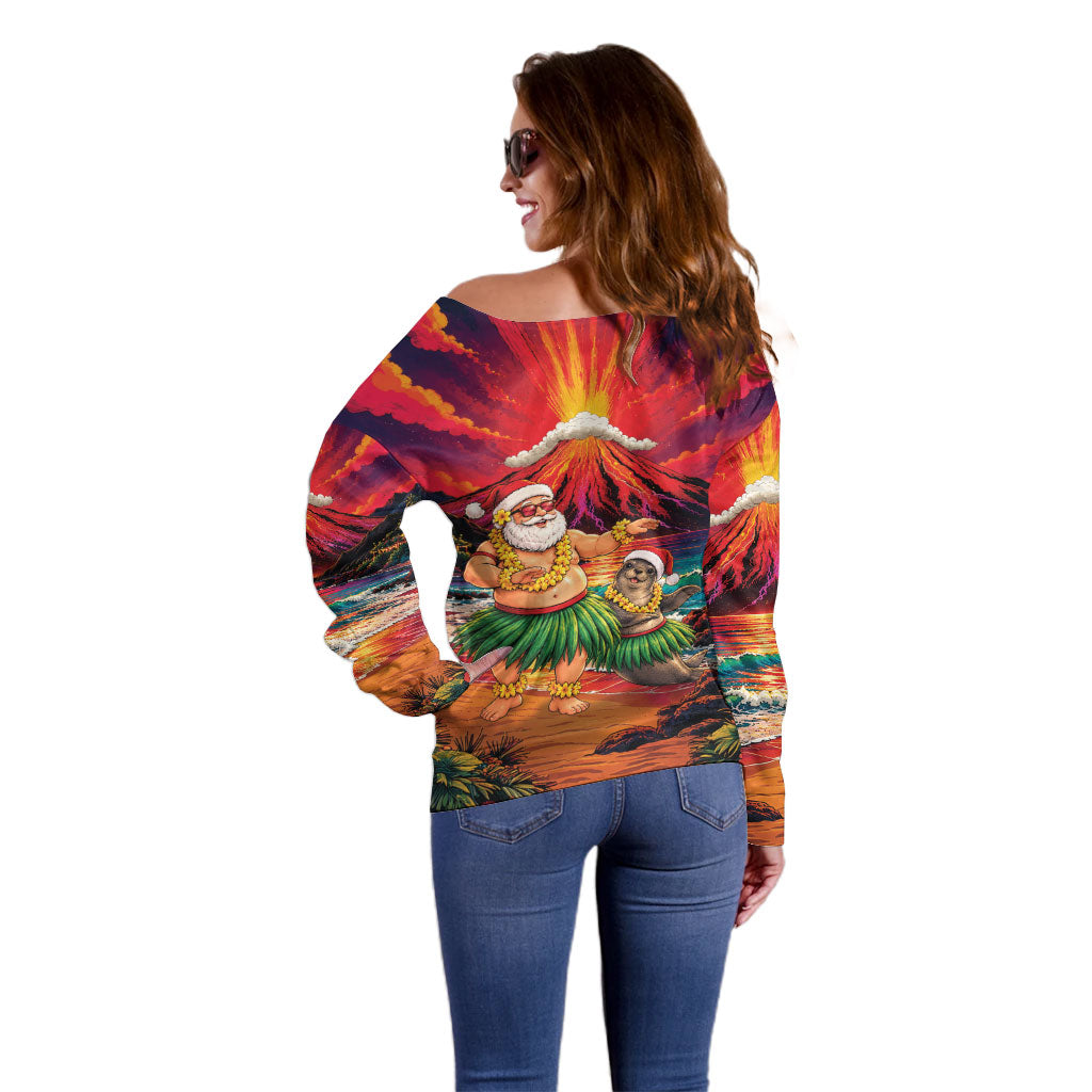 Hawaii Volcano Christmas Off Shoulder Sweater Hula Santa And Monk Seal LT05 - Polynesian Pride