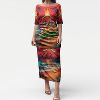 Hawaii Volcano Christmas Puletasi Hula Santa And Monk Seal LT05 Long Dress Multicolor - Polynesian Pride