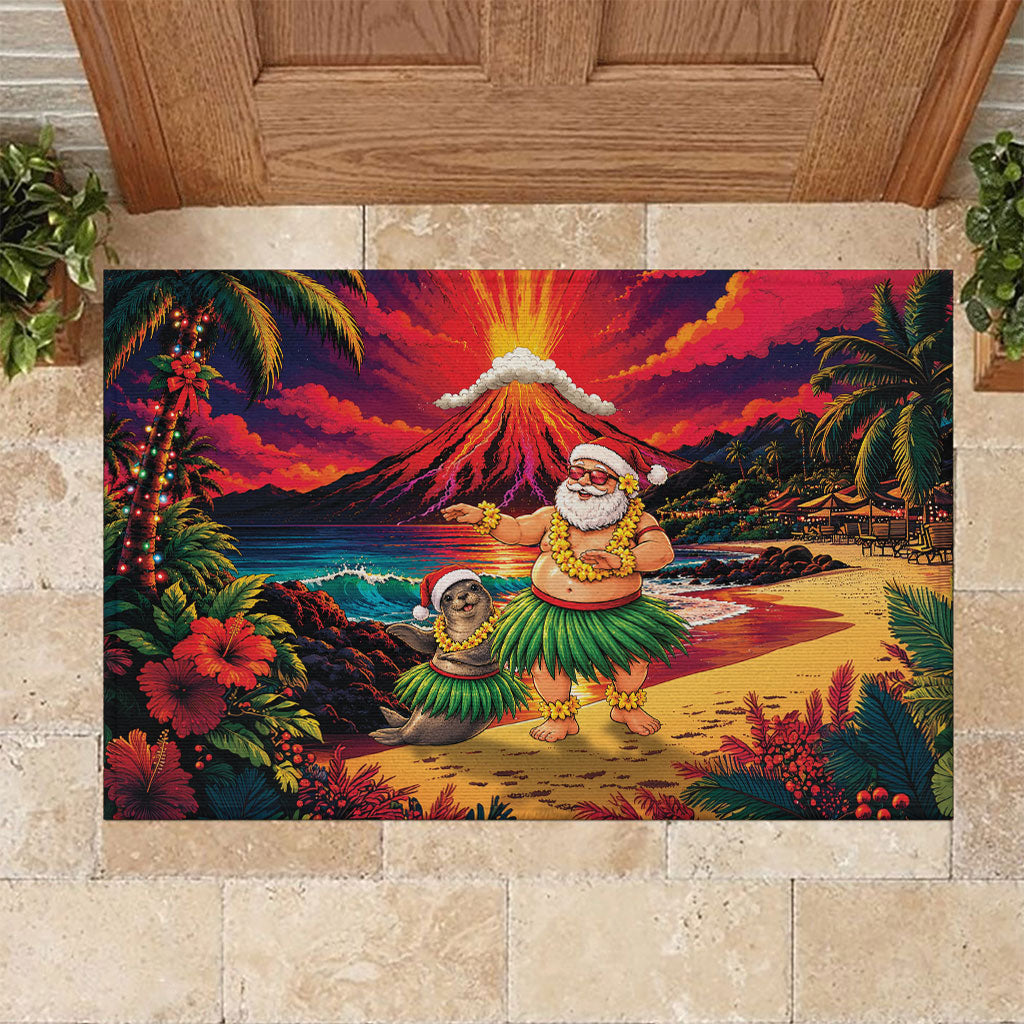 Hawaii Volcano Christmas Rubber Doormat Hula Santa And Monk Seal LT05 Multicolor - Polynesian Pride