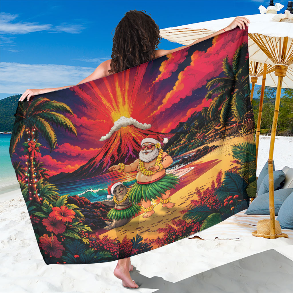 Hawaii Volcano Christmas Sarong Hula Santa And Monk Seal LT05 One Size 44 x 66 inches Multicolor - Polynesian Pride