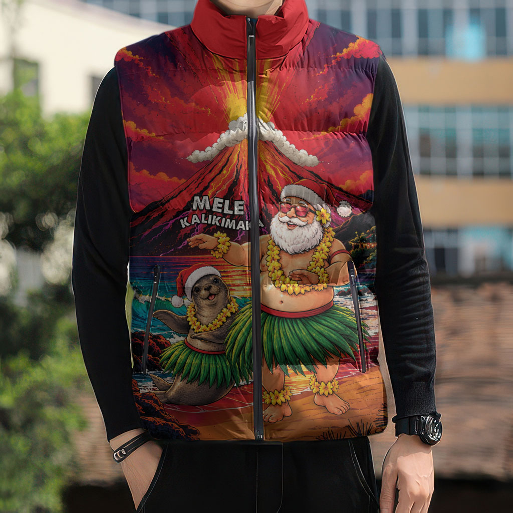 Hawaii Volcano Christmas Sleeveless Puffer Jacket Hula Santa And Monk Seal LT05 - Polynesian Pride