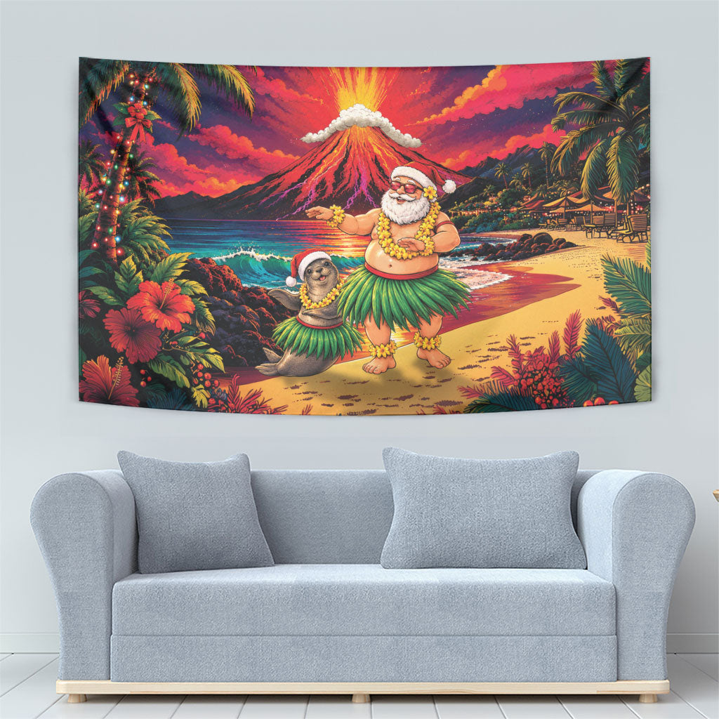 Hawaii Volcano Christmas Tapestry Hula Santa And Monk Seal LT05 - Polynesian Pride