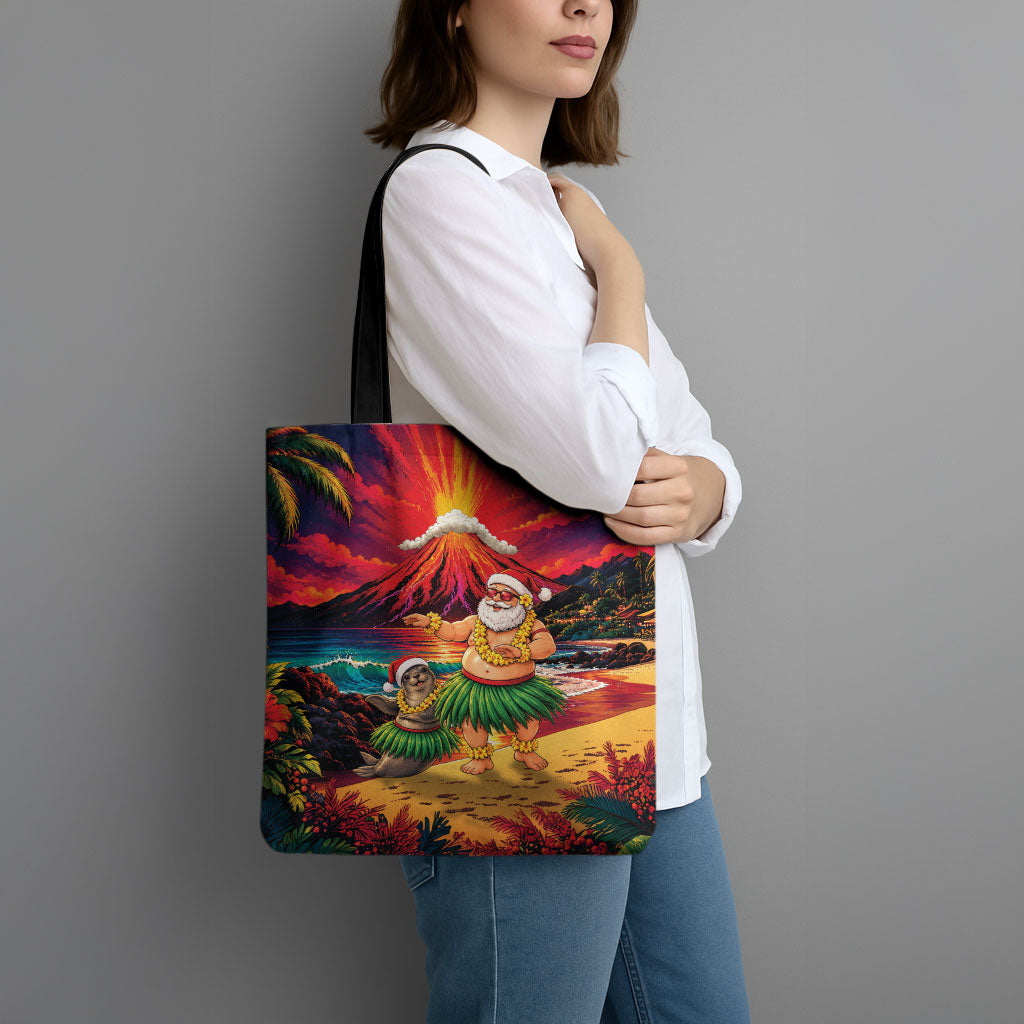 Hawaii Volcano Christmas Tote Bag Hula Santa And Monk Seal LT05 - Polynesian Pride