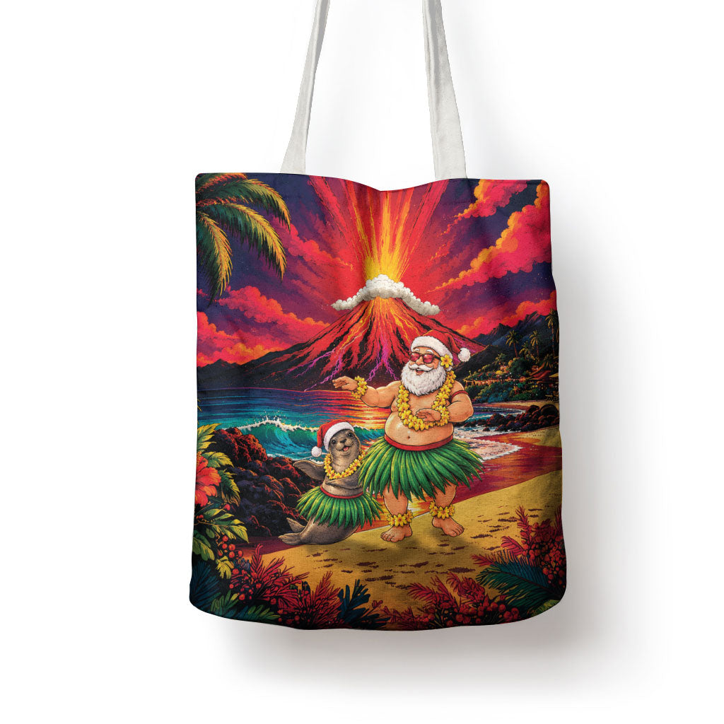 Hawaii Volcano Christmas Tote Bag Hula Santa And Monk Seal LT05 - Polynesian Pride