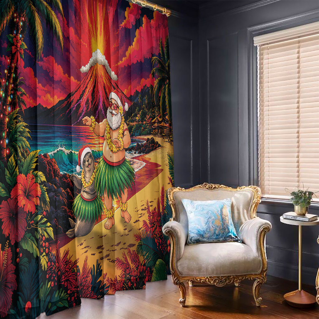 Hawaii Volcano Christmas Window Curtain Hula Santa And Monk Seal LT05 - Polynesian Pride