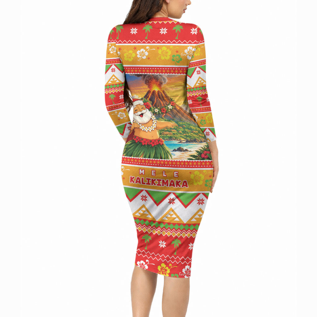 Hawaii Volcano Christmas Long Sleeve Bodycon Dress Have An Explosive Christmas LT05 - Polynesian Pride