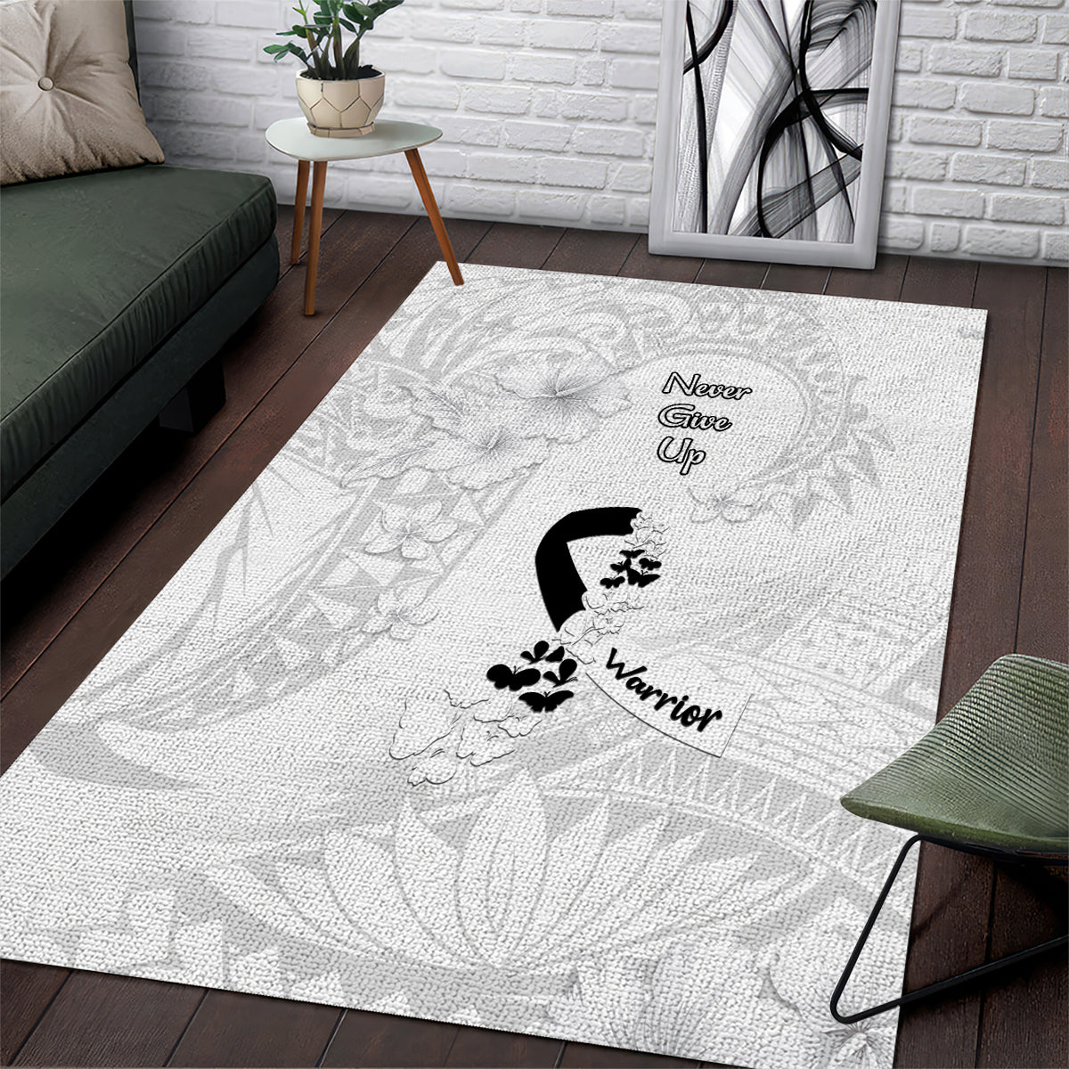 Lung Cancer Awareness Area Rug Never Give Up Polynesian Style LT05 White - Polynesian Pride