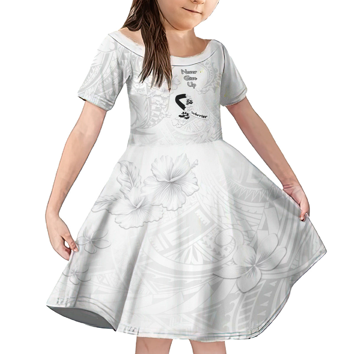 Lung Cancer Awareness Family Matching Long Sleeve Bodycon Dress and Hawaiian Shirt Never Give Up Polynesian Style LT05 Daughter's Dress White - Polynesian Pride