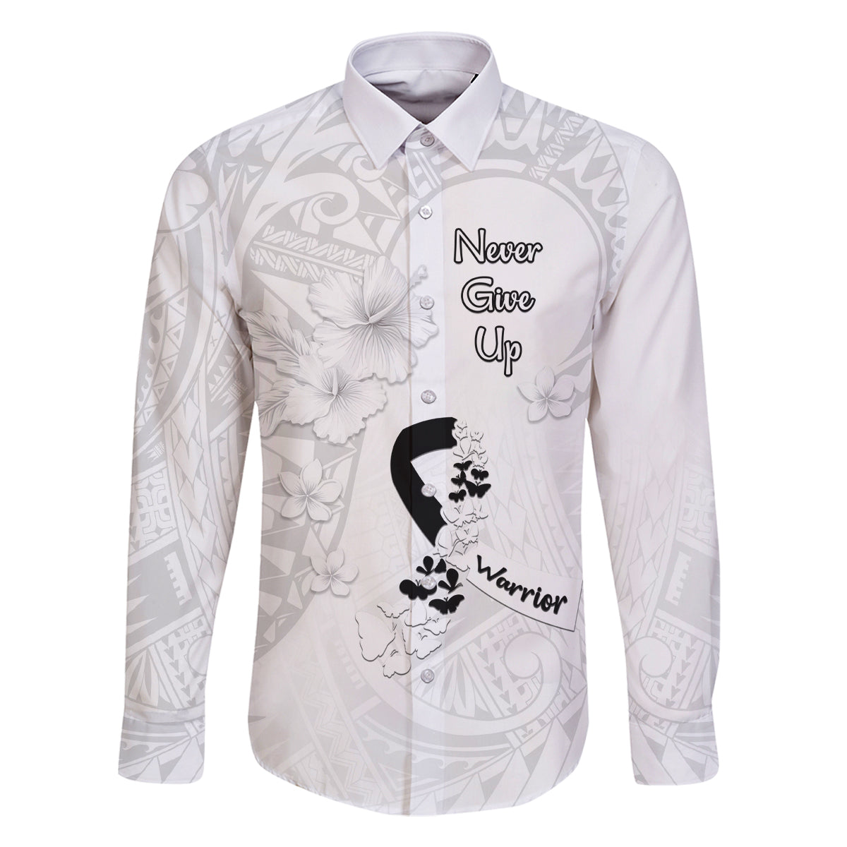 Lung Cancer Awareness Family Matching Off Shoulder Maxi Dress and Hawaiian Shirt Never Give Up Polynesian Style LT05 Dad's Shirt - Long Sleeve White - Polynesian Pride