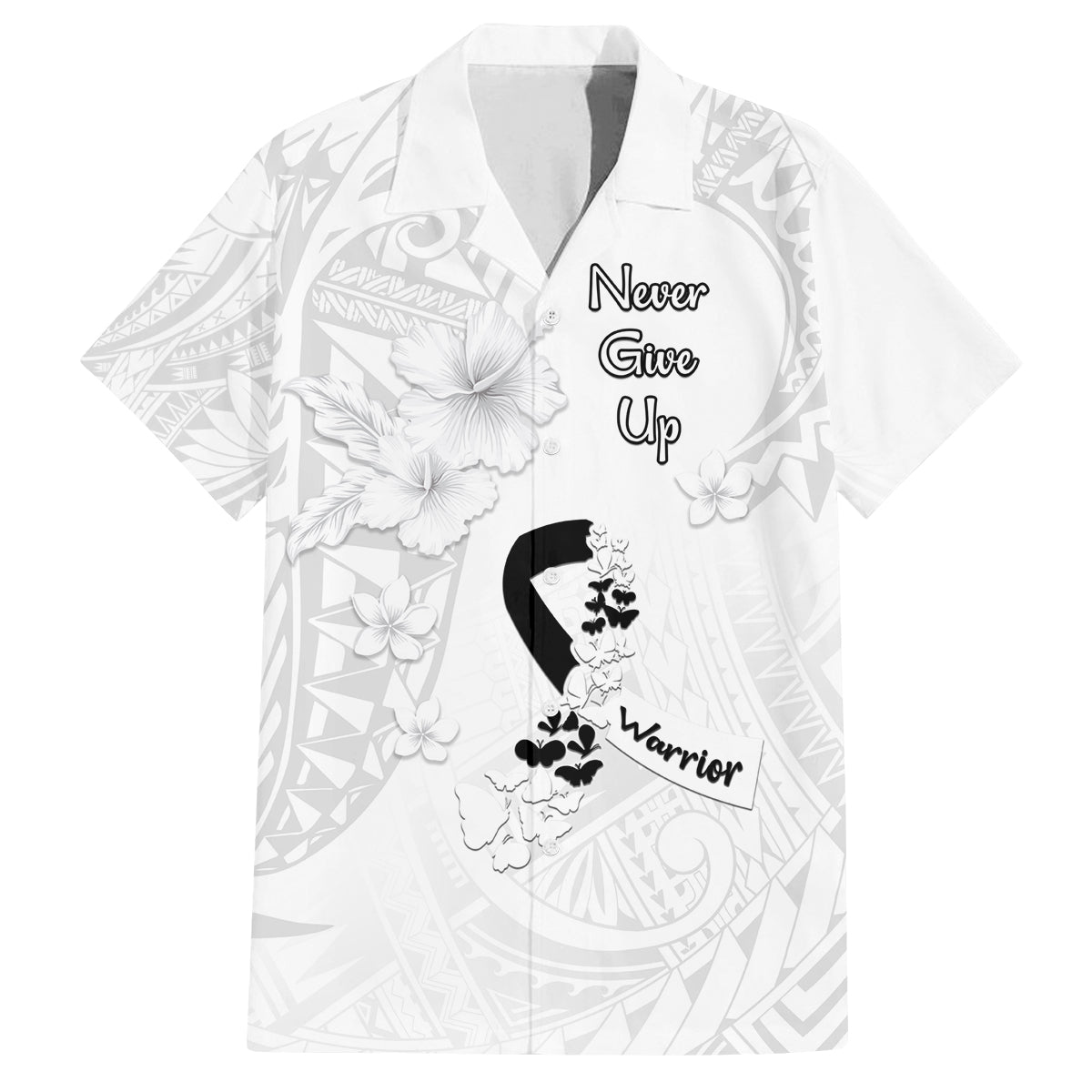 Lung Cancer Awareness Family Matching Tank Maxi Dress and Hawaiian Shirt Never Give Up Polynesian Style LT05 Dad's Shirt - Short Sleeve White - Polynesian Pride