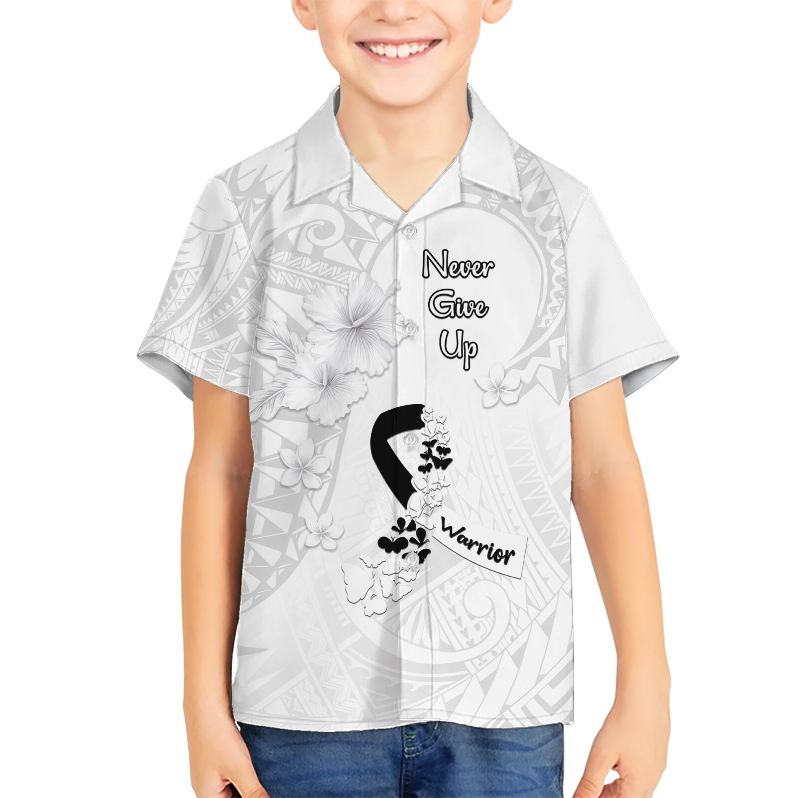 Lung Cancer Awareness Kid Hawaiian Shirt Never Give Up Polynesian Style LT05 Kid White - Polynesian Pride